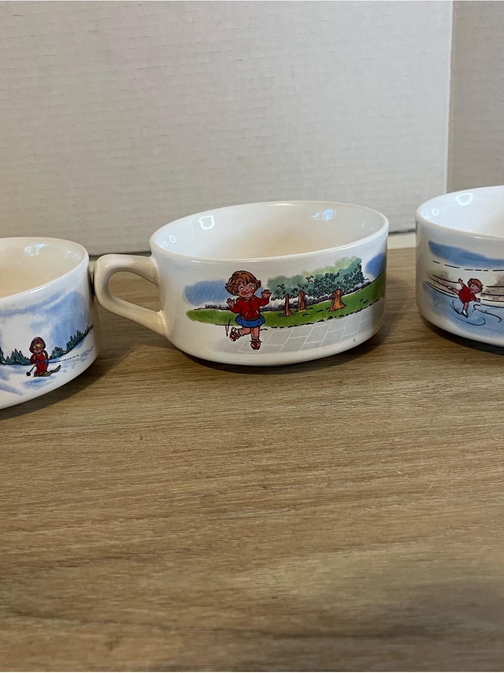 Ceramic Campbell Soup Bowls with Handle featuring skaters, skiers and hopscotch